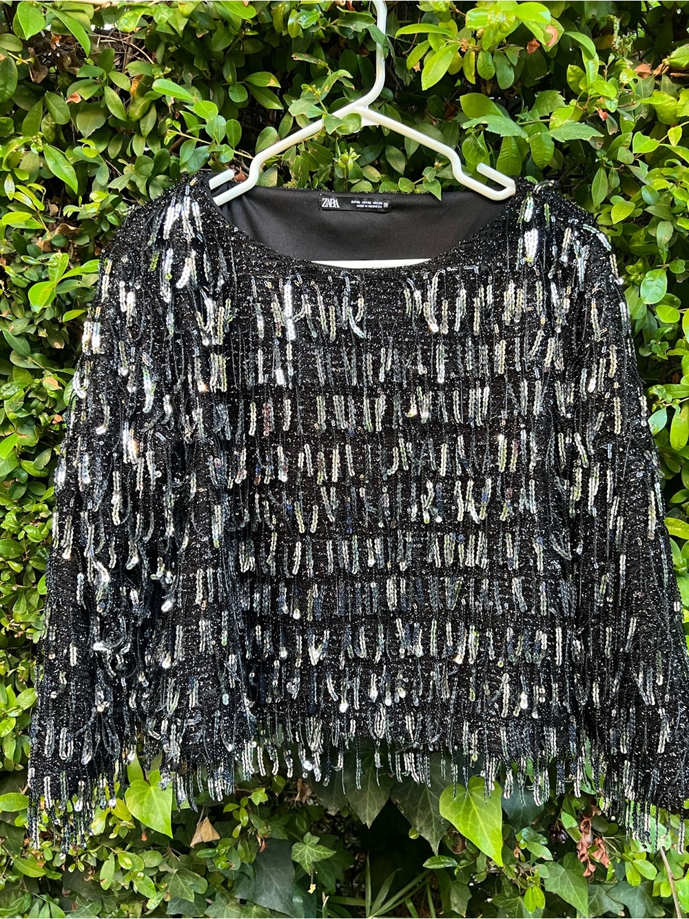 Zara Black Sequin Fringe Crew Neck Sweater